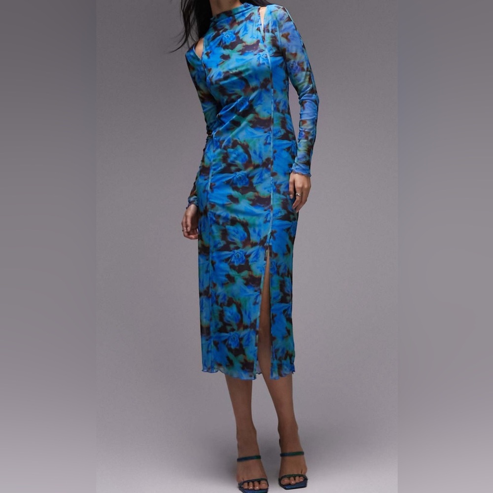 Topshop floral mesh midi dress in blue